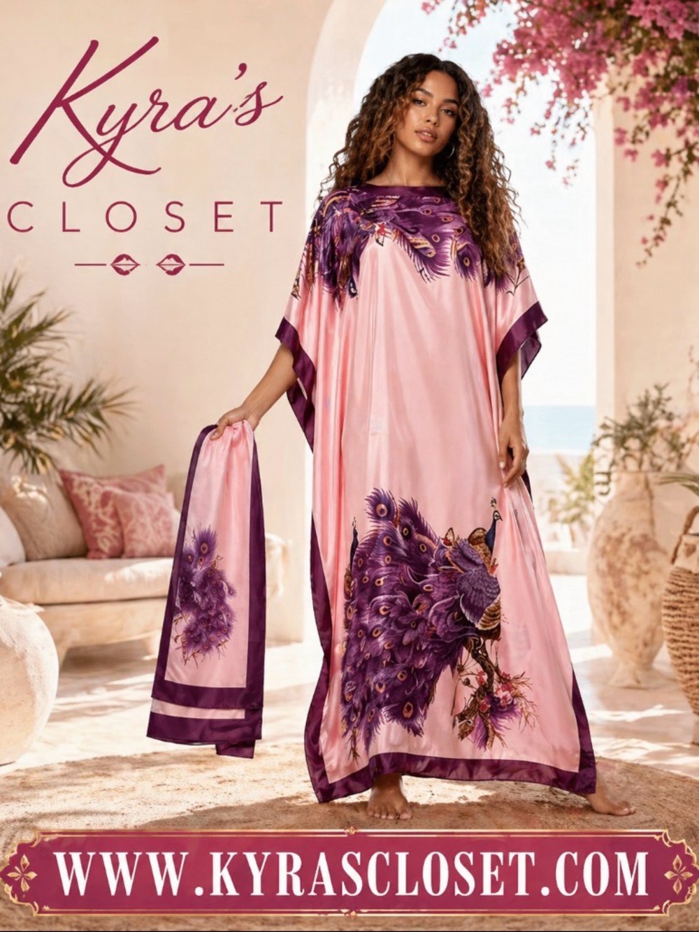 New Blush Pink Peacock Kaftan Maxi Dress + Matching Scarf | One Size